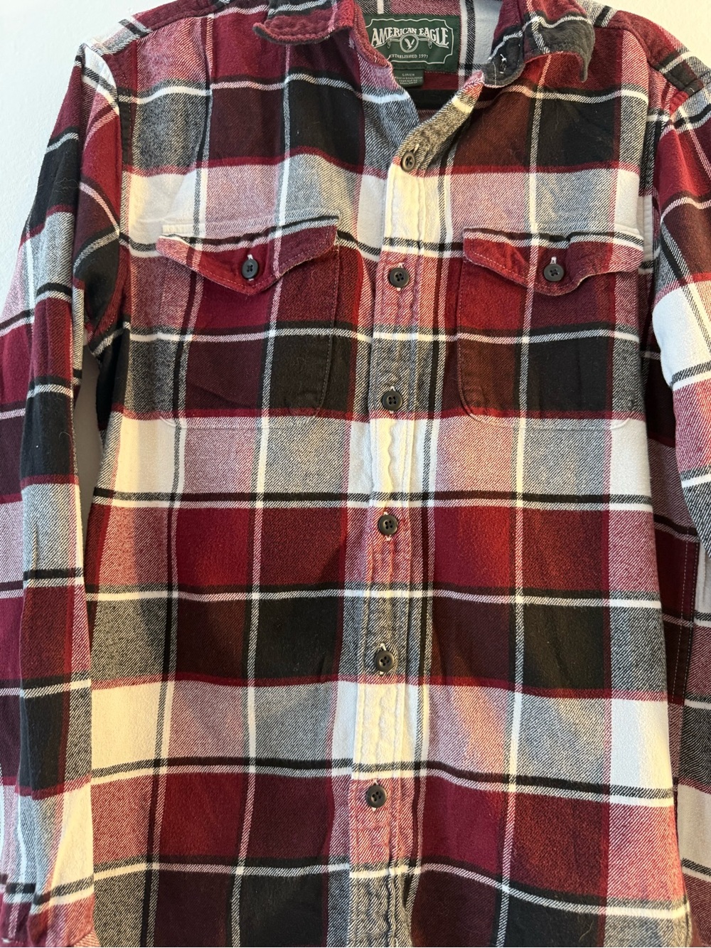 Abercrombie & Fitch Men's Burgundy, Black & White Plaid Button-Down Shirt - Picture 3 of 6
